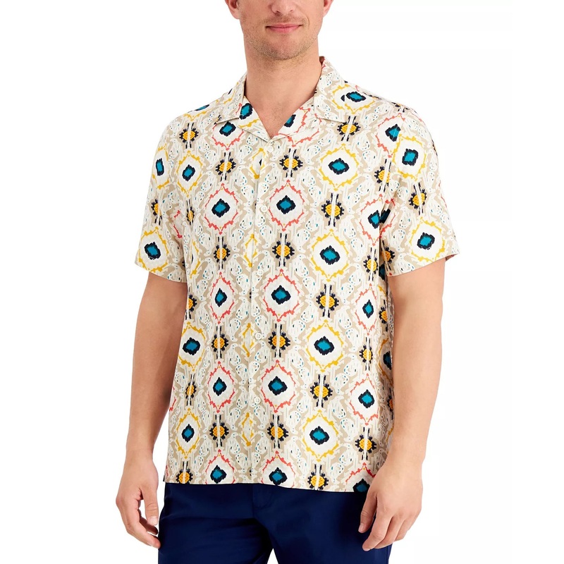 Tasso Elba Men's Farro Medallion Button Down Shirt Khaki Combo Beige Large