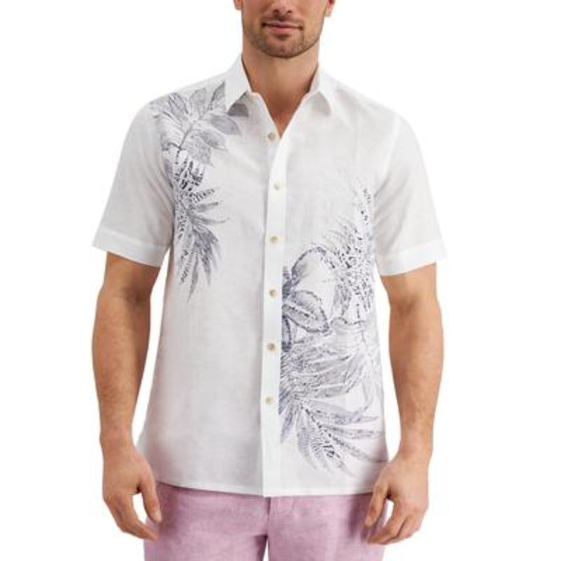 Tasso Elba Men's Fern Print Short Sleeve Button Down Shirt White Medium