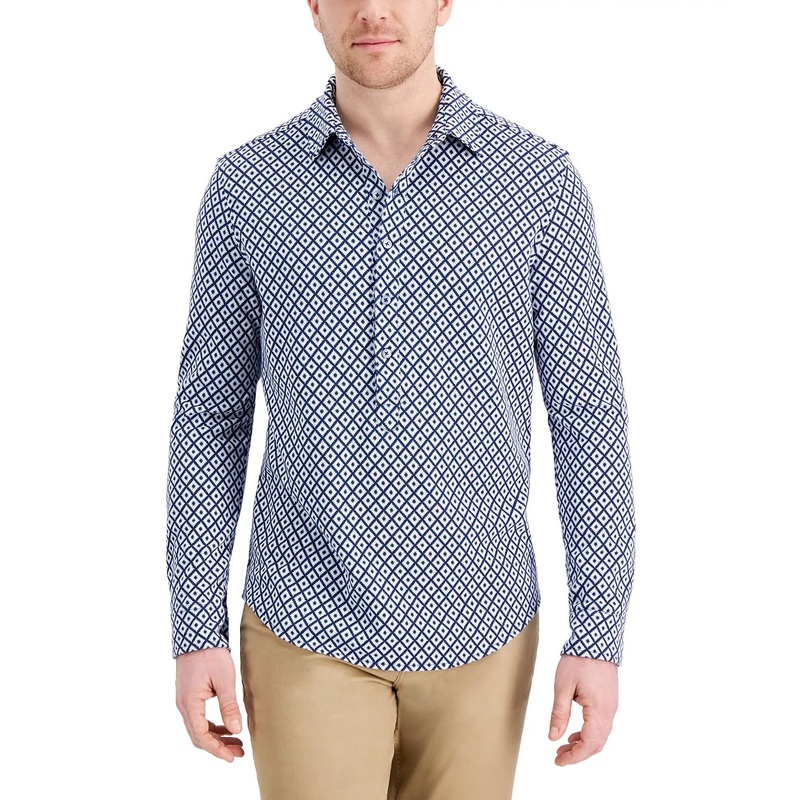 Tasso Elba Men's Long Sleeve Single Knit Shirt Navy Blue Combo Small