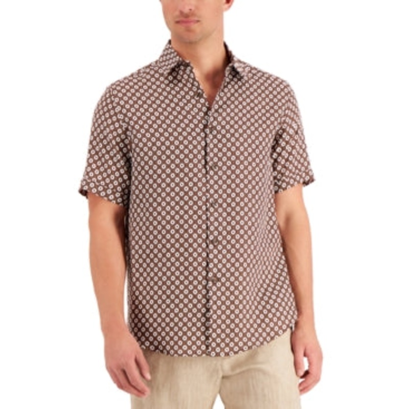 Tasso Elba Men's Regular Fit Geo Print Button Down Shirt Dark Brown Large