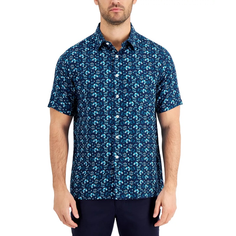 Tasso Elba Men's   Short Sleeve Button Down Shirt Blue Combo Tile Small