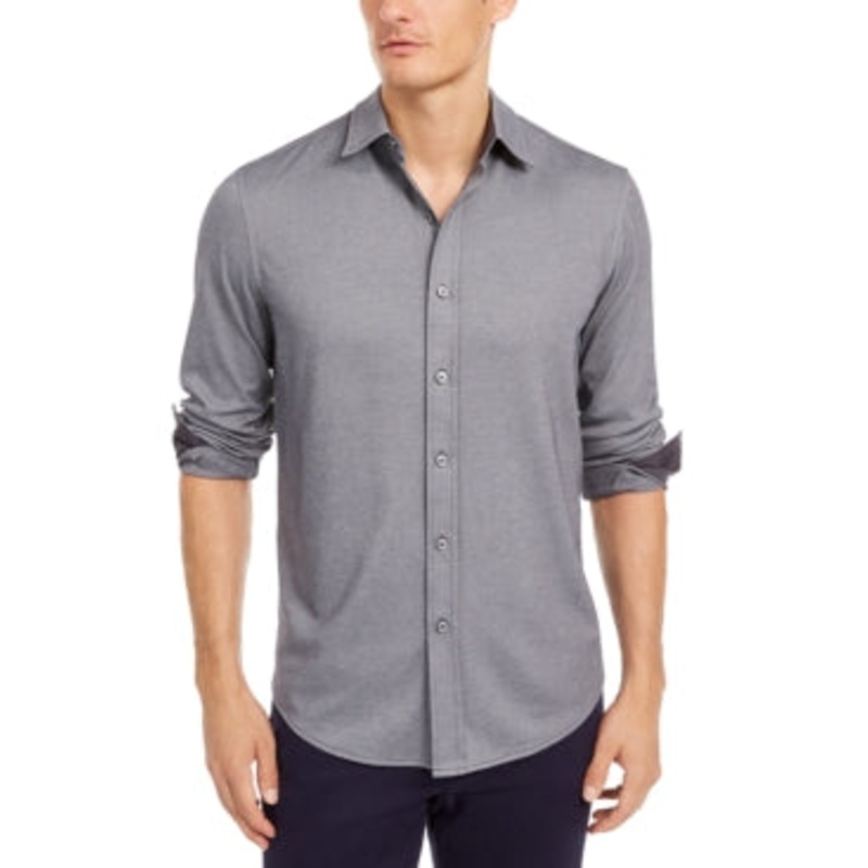 Tasso Elba Mens Birdseye Knit Button Down Shirt Dark Lead Grey Large