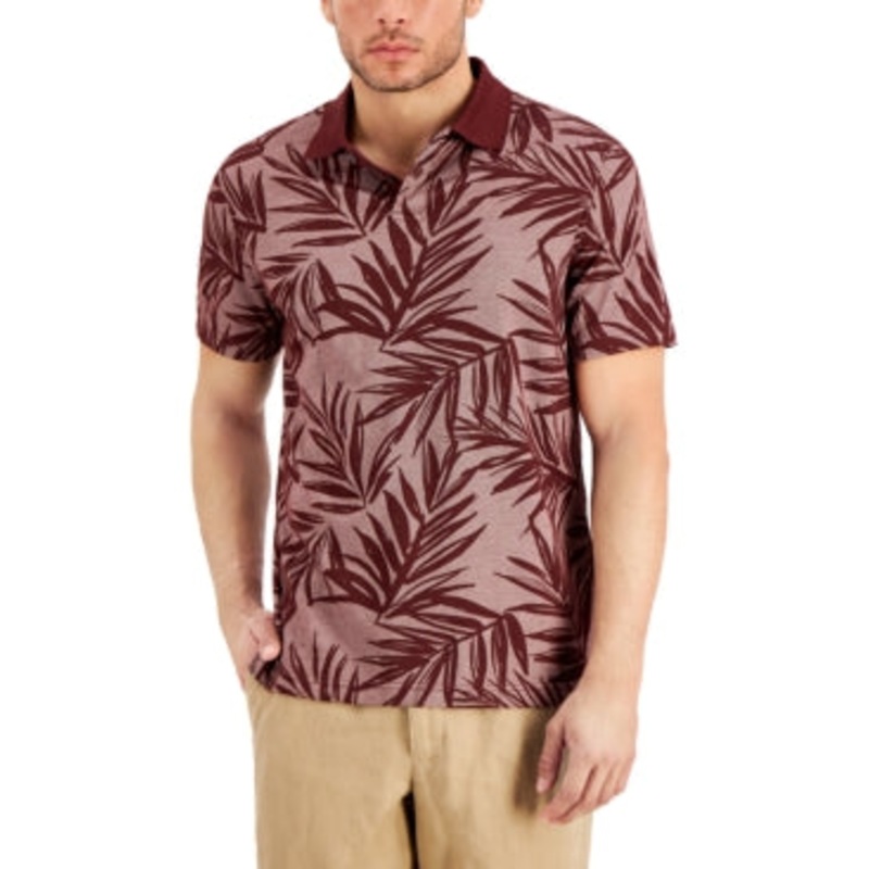 Tasso Elba Mens Darco Leaf Printed Polo Shirt Maroon Red Combo Large