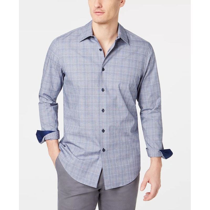 Tasso Elba Mens Dobby Plaid Button Down Shirt Blue Small