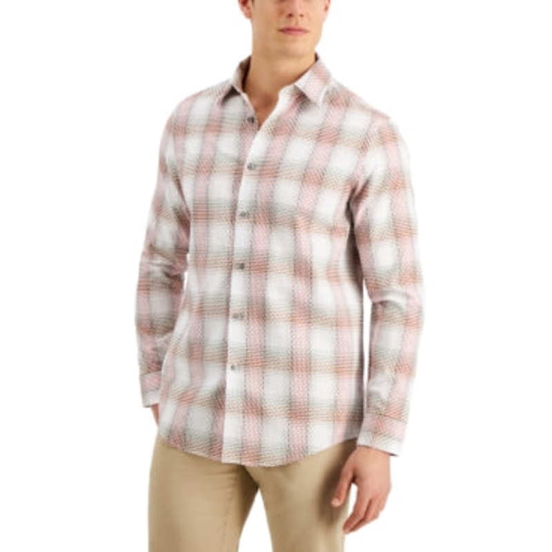 Tasso Elba Mens Fierto Dobby Plaid Button Down Shirt Red White Medium