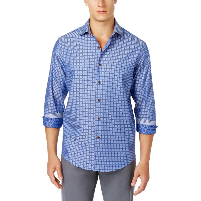 Tasso Elba Mens Houndstooth Button Down Shirt Herringbone Blue 2XL