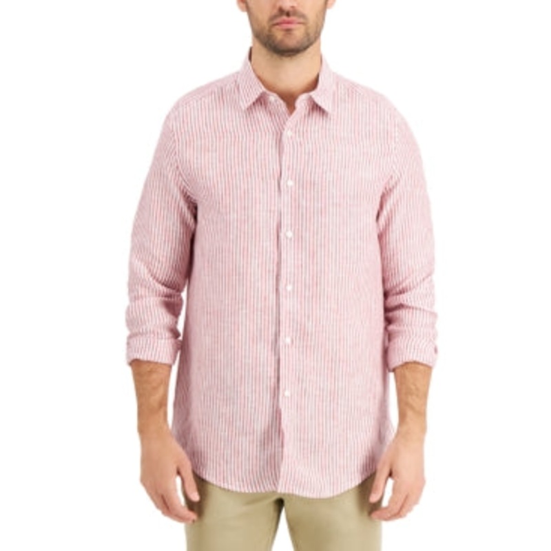 Tasso Elba Mens Linen Stripe Button Down Shirt Red XL