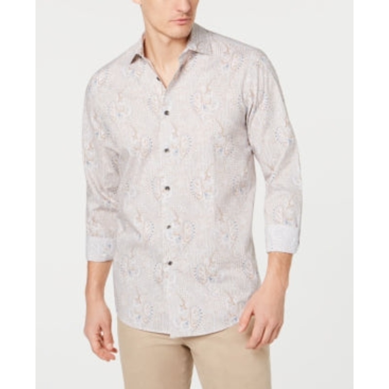 Tasso Elba Mens Long Sleeve Button Down Shirt Houndstooth Grey Small