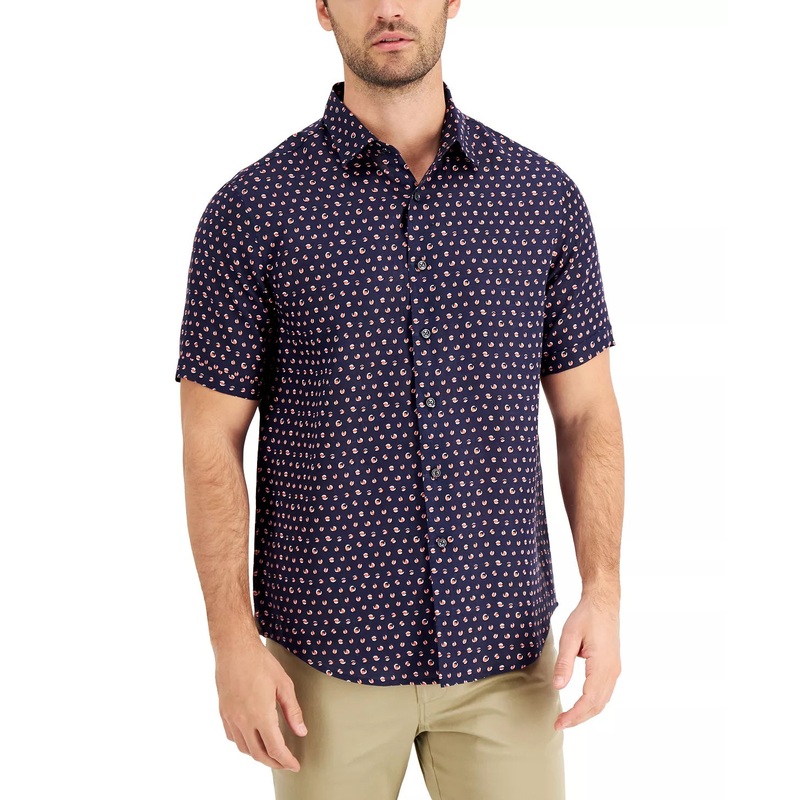Tasso Elba Mens Regular Fit Geo Print Short Sleeve Button Down Shirt Blue XL