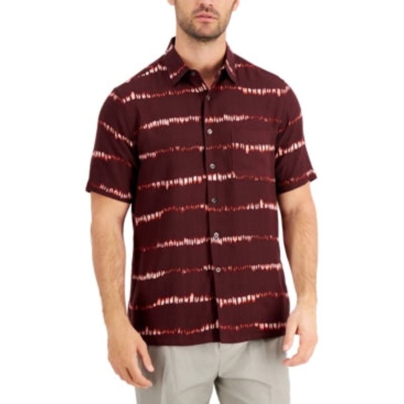 Tasso Elba Mens Shibori Tie Short Sleeve Button Down Shirt Maroon Red Large