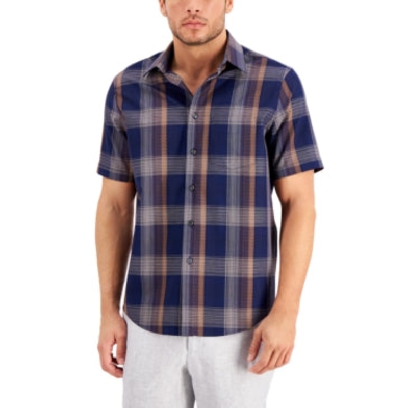 Tasso Elba Mens Short Sleeve Button Down Shirt Navy Blue Ombre Large