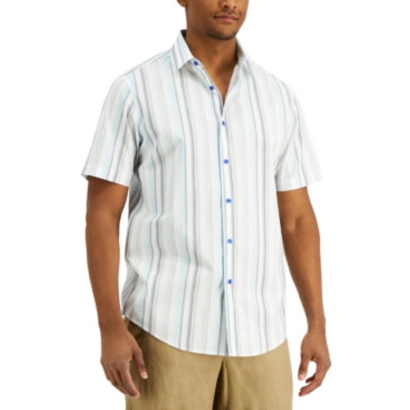 Tasso Elba Mens Space Dyed Short Sleeve Button Down Shirt Khaki Combo Beige XL