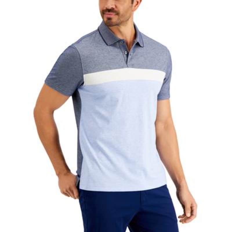 Tasso Elba Mens Striped Short Sleeve Polo Shirt Navy Blue Combo Large