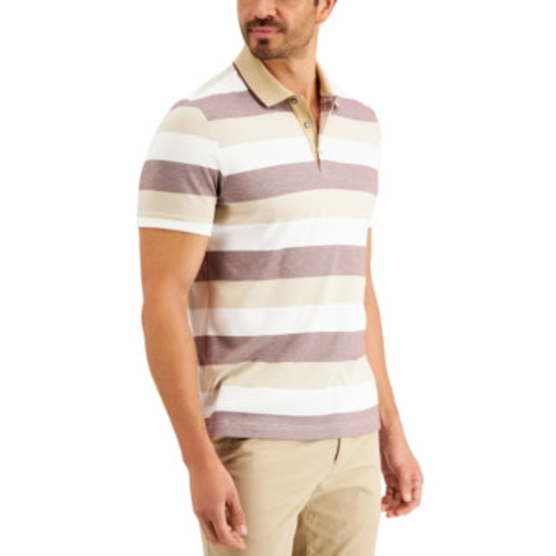 Tasso Elba Mens Striped Short Sleeve Polo White Combo Large