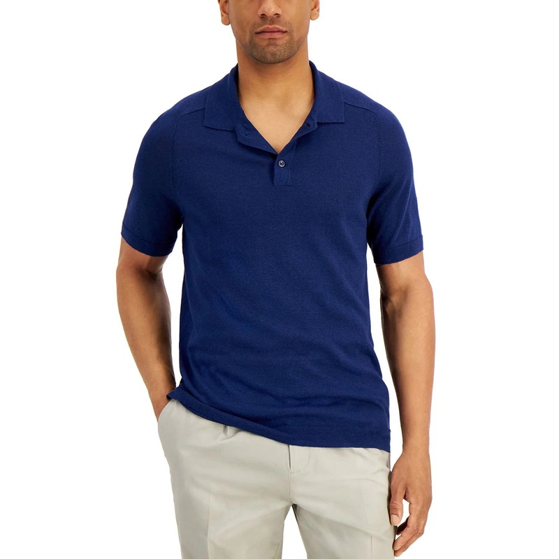 Tasso Elba Mens Sweater Knit Linen Polo Shirt Navy Blue Combo XL