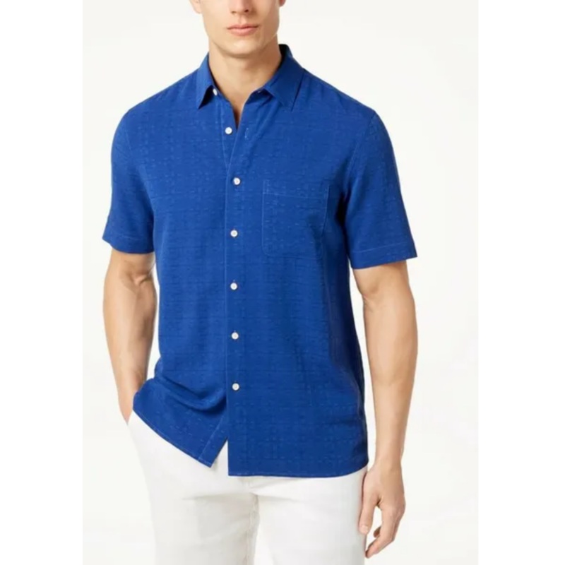 Tasso Elba Mens Textured Short Sleeve Button Down Shirt Cerulean Blue  XL
