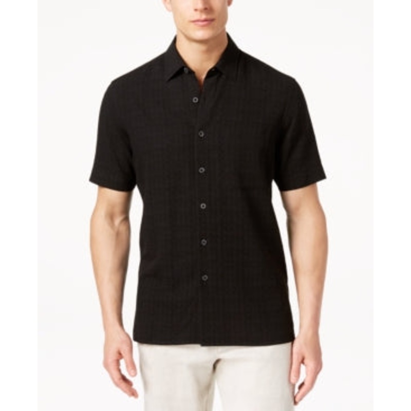 Tasso Elba Mens Textured Short Sleeve Button Down Shirt Deep Black Small