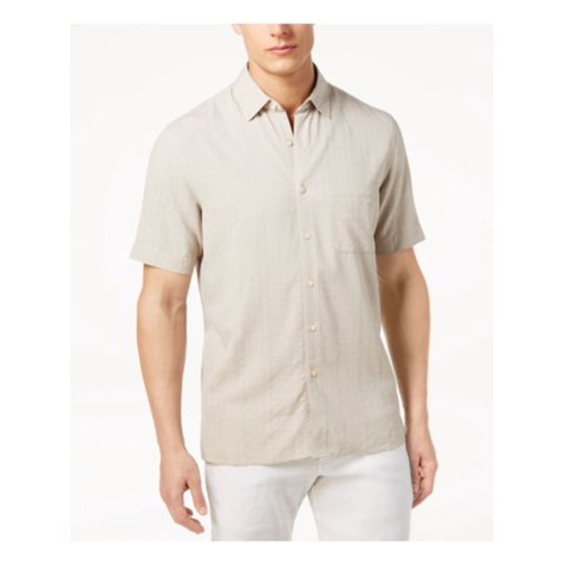 Tasso Elba Mens Textured Short Sleeve Button Down Shirt Stone Beige Small