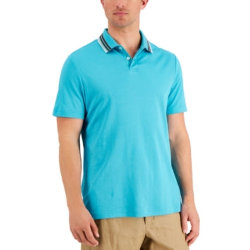 Tasso Elba Mens Tipped Short Sleeve Polo Shirt Sea Isle Blue XL