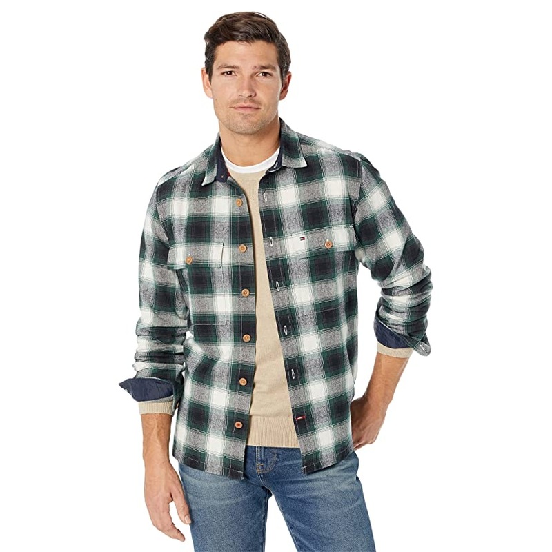 Tommy Hilfiger Check Mens Button Down Shirt Jacket Green White Large