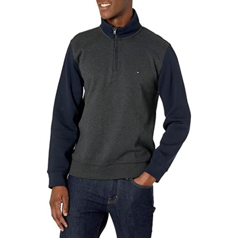 Tommy Hilfiger Men's French Rib Quarter-Zip Pullover Sweater XXL Grey / Blue