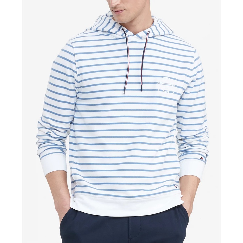 Tommy Hilfiger Men's Logo Stripe French Terry Hoodie Sweatshirt XL White Blue