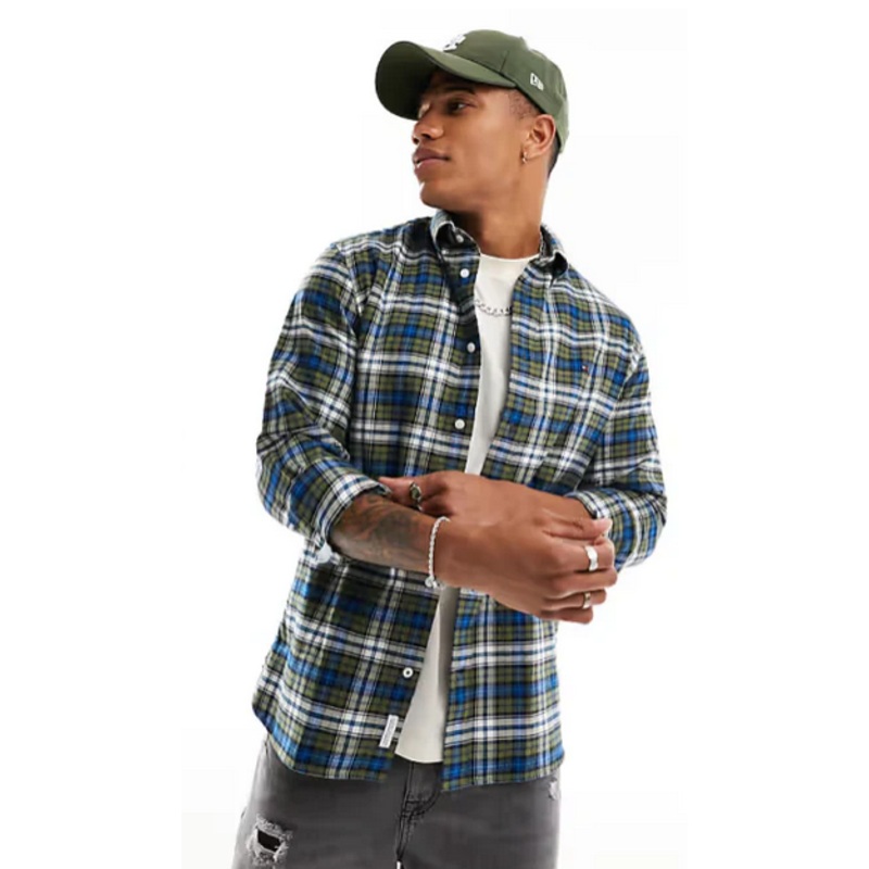 Tommy Hilfiger Mens Regular Fit Brushed Plaid Button Down Shirt Green Medium