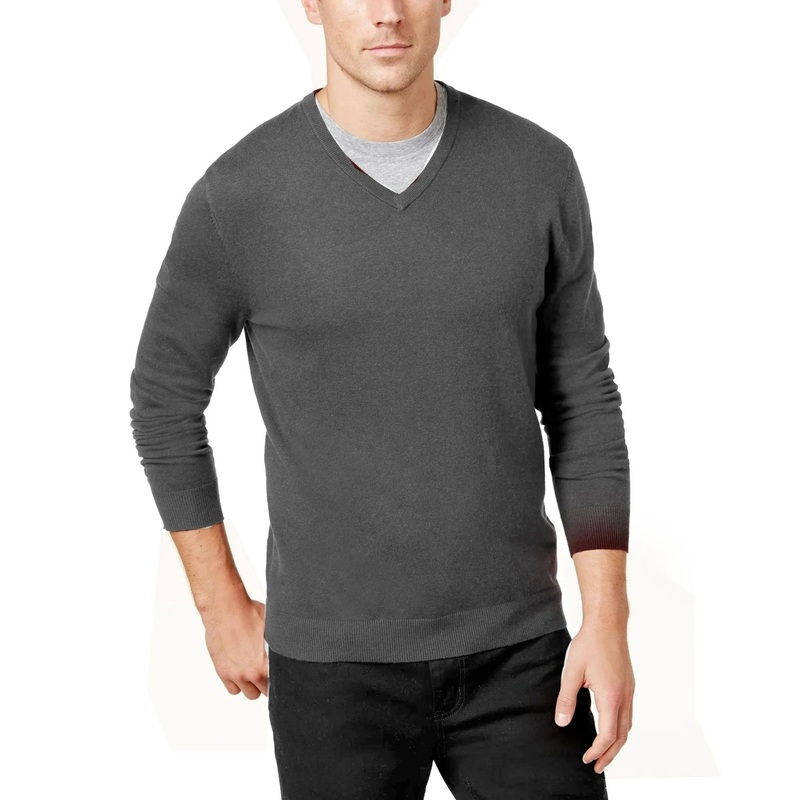 Alfani Mens Solid V Neck Cotton Sweater Casual Grey Heather XL