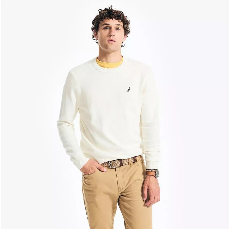 Nautica Nautica Mens Sustainably Crafted Crewneck Sweater Sail Cream Beige 2XL