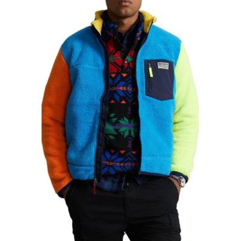 Polo Ralph Lauren Men's Color Blocked Pile Fleece Jacket Blaze Ocean Blue Large