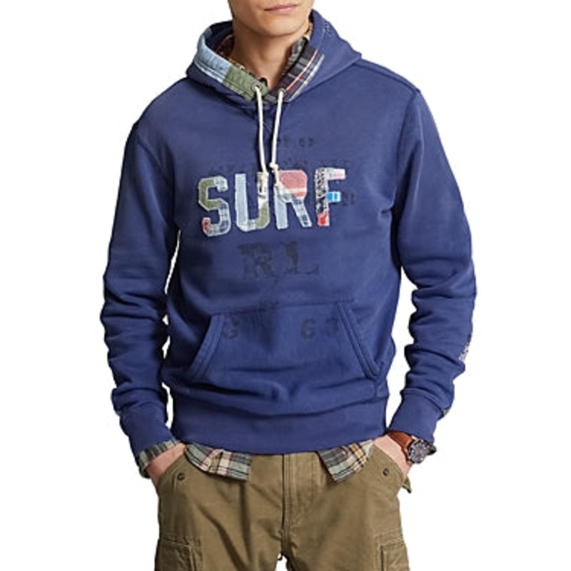 Polo Ralph Lauren Mens Patchwork Fleece Hoodie Sweatshirt Annapolis Blue 2XL