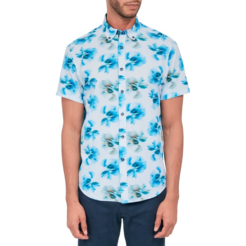 Society of Threads Mens Button Down Shirt Blue Floral Print Perfor Blue XL