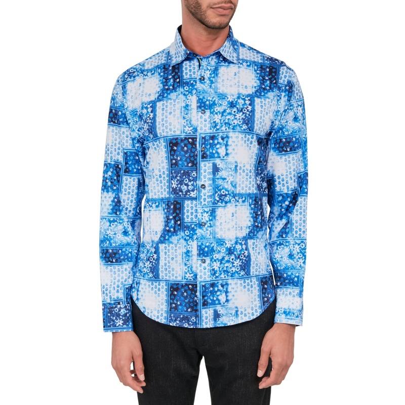 Society of Threads Mens Button Down Shirt Patchwork Print White Blue XL