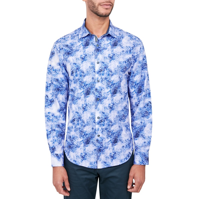 Society of Threads Mens Regular Fit Button Down Shirt Paisley Blue Medium