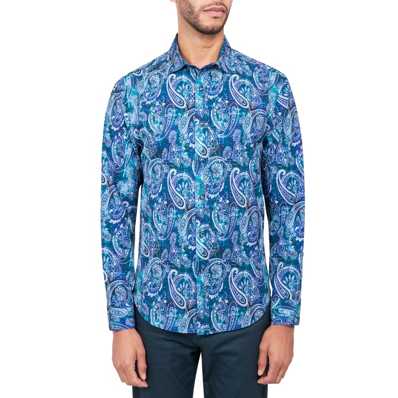 Society of Threads Mens Regular Fit Button Down Shirt Paisley Blue XL