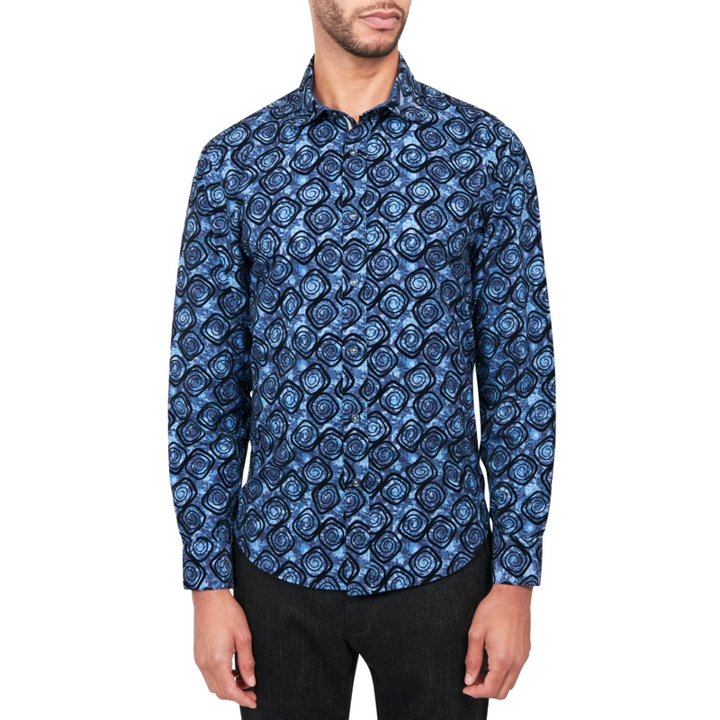 Society of Threads Mens Regular Fit Moisture Wick Button Down Shirt Navy Medium