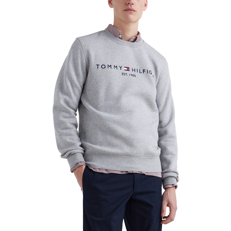Tommy Hilfiger Mens Embroidered Logo Fleece Crewneck Sweatshirt Grey Heather 2XL