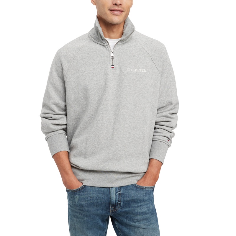 Tommy Hilfiger Mens Quarter Zip Long Sleeve Sweatshirt Light Grey Medium