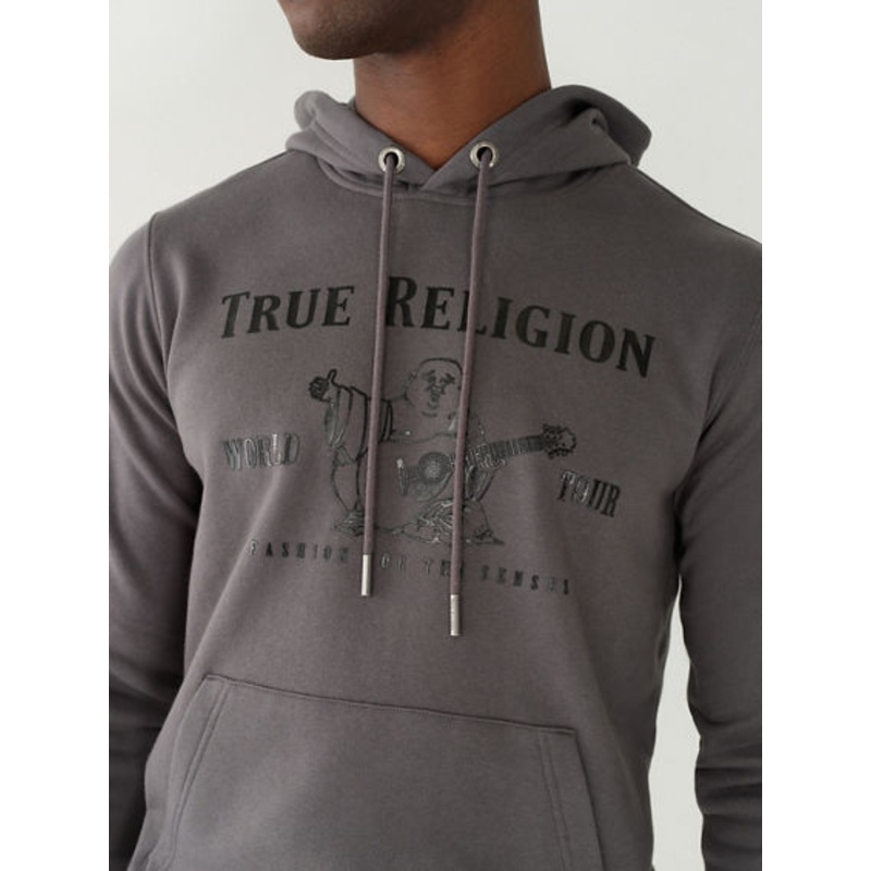 True Religion Men's Metallic Buddha Drawstring Hoodie Sweatshirt Grey Small