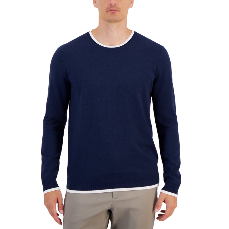 Alfani Mens Contrast Edge Crewneck Sweater Neo Navy Blue Large