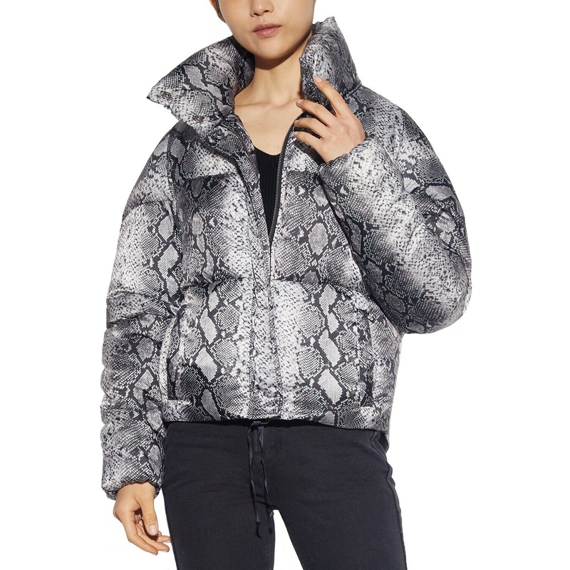 Apparis Womens Sabrina Python-Printed Puffer Coat Medium Black White
