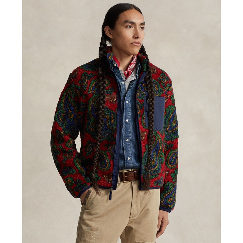 Polo Ralph Lauren Mens Paisley Fleece Jacket Jacquard Holiday Red Multi Large