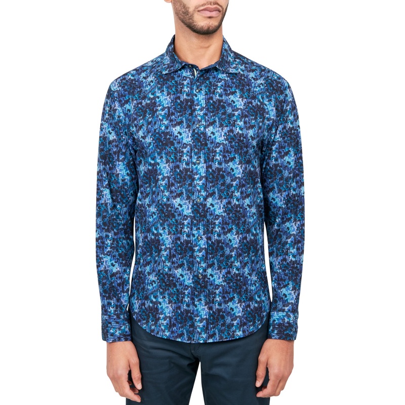 Society of Threads Mens Regular Fit Button Down Shirt Abstract Floral Blue Large