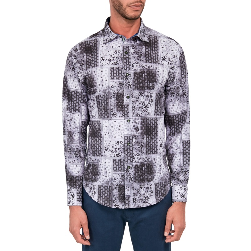 Society of Threads Mens Regular Fit Button Down Shirt Patchwork Black Medium