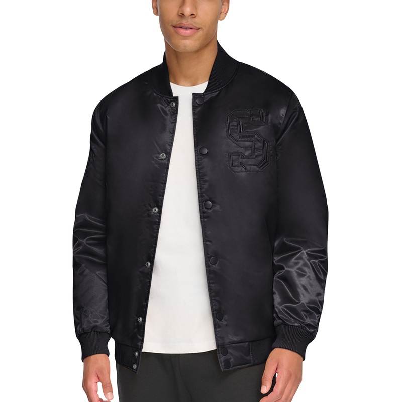 Starter Men's Classic Fit Tonal Satin Varsity Bomber Jacket Black Large