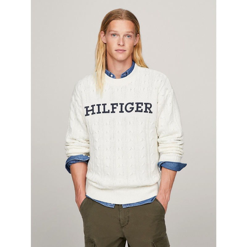 Tommy Hilfiger Mens Oversized Monotype Cable Knite Sweater White Blue Large