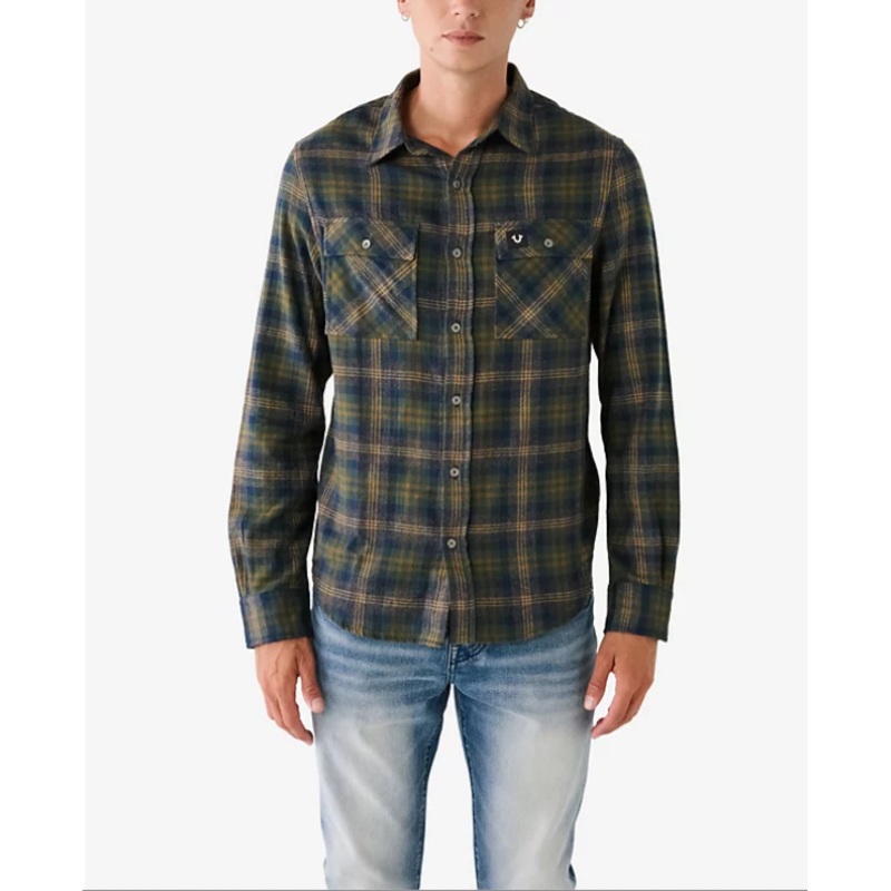 True Religion Mens Long Sleeve Button Down Green Plaid Small