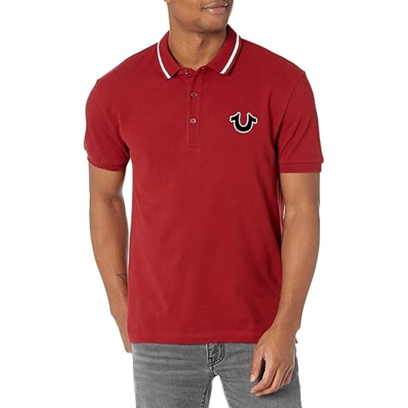 True Religion Mens Short Sleeve Logo Polo Shirt Ruby Red Large