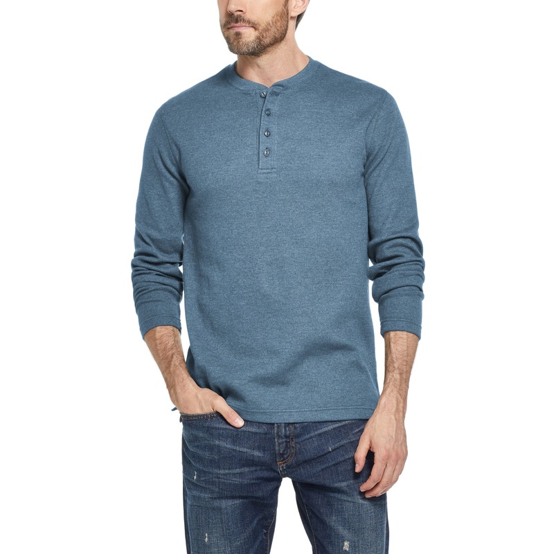 Weatherproof Vintage Men's Long Sleeved Waffle Henley T Shirt Blue Small