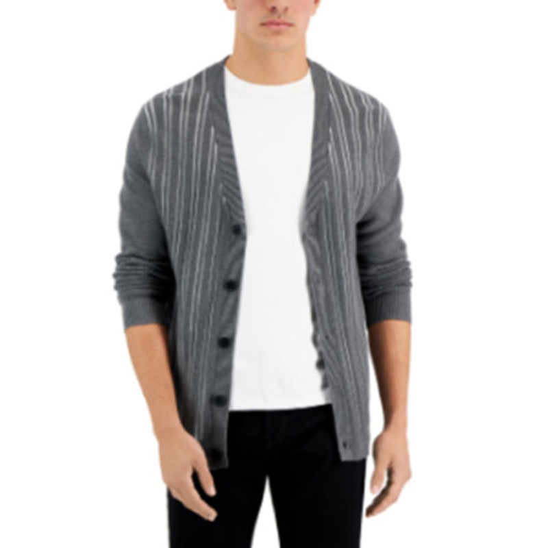 Alfani Men's Classic-Fit Vertical Stripe Cardigan Sweater Casual Grey Medium
